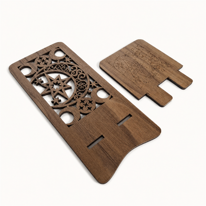 Moon and Star Filigree Walnut Phone Stand — Laser Cut Wooden Gift for Stargazers