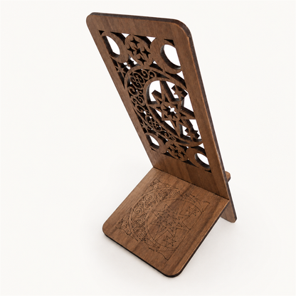 Moon and Star Filigree Walnut Phone Stand — Laser Cut Wooden Gift for Stargazers
