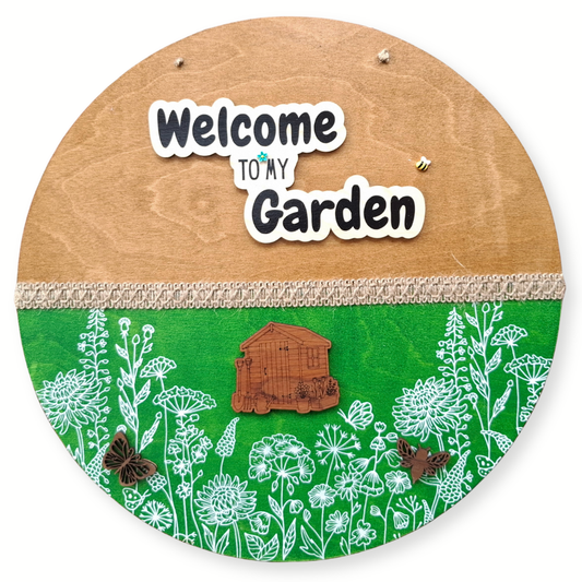 Welcome to My Garden Large Round Wooden Sign — Outdoor Hanging Plaque