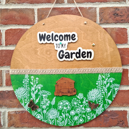 Welcome to My Garden Large Round Wooden Sign — Outdoor Hanging Plaque