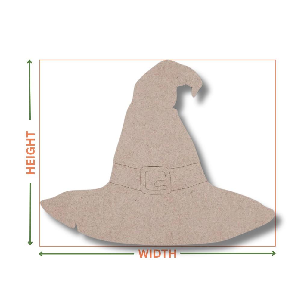 MDF Witches hat shape on a white background with arrows showing where the height and width measurements are taken from