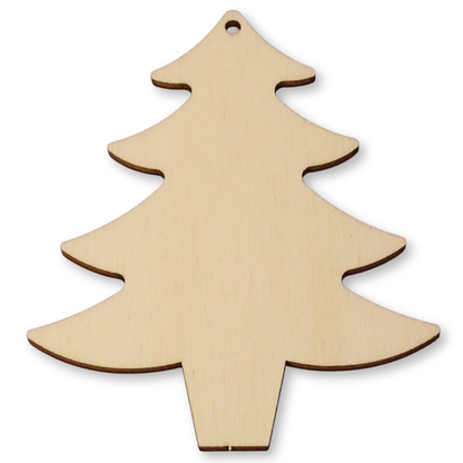 Christmas tree shape cut from plywood on a white background showing the hole position.