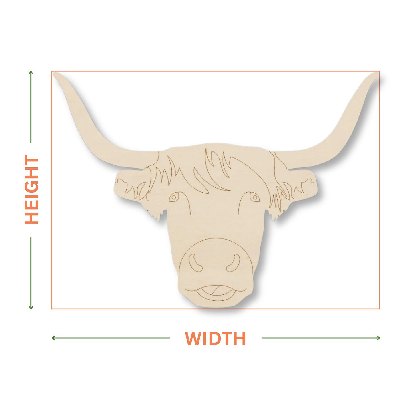 Wooden highland cow shape on a white background showing where the sizes of the shape is taken from.
