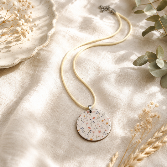 A round pendant necklace with a delicate floral pattern on a cream background, suspended from a matching cream cord. The necklace is styled on a textured cream fabric with dried flowers, a ceramic dish, and green leaves.