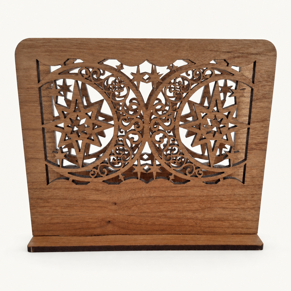 Moon and Star Filigree Napkin Holder — Laser Cut Cherry Wood Table Accessory