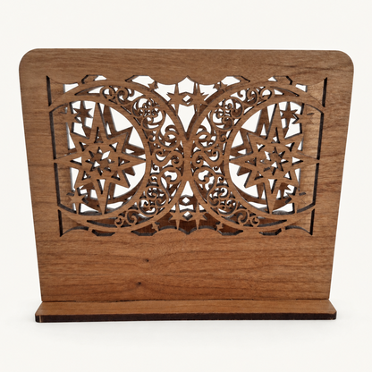 Moon and Star Filigree Napkin Holder — Laser Cut Cherry Wood Table Accessory