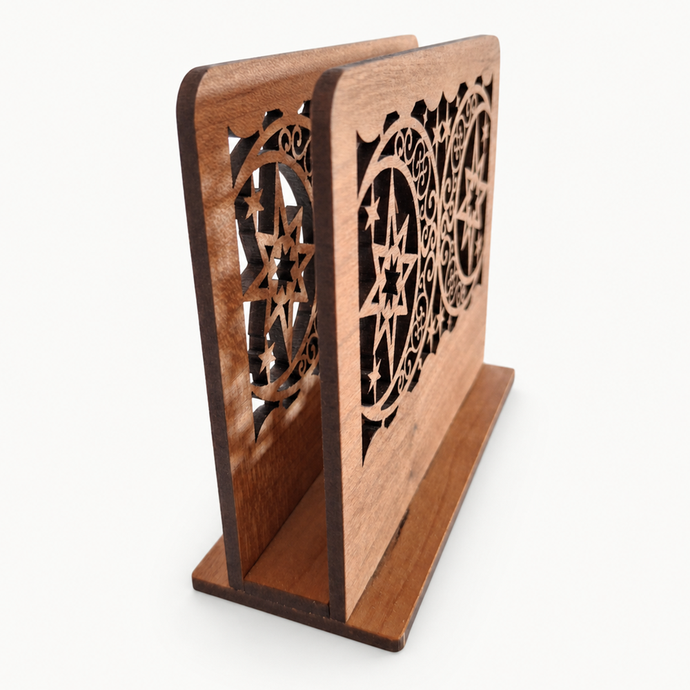 Moon and Star Filigree Napkin Holder — Laser Cut Cherry Wood Table Accessory
