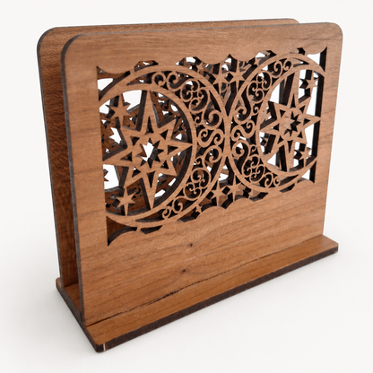 Moon and Star Filigree Napkin Holder — Laser Cut Cherry Wood Table Accessory