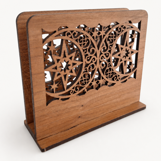 Moon and Star Filigree Napkin Holder — Laser Cut Cherry Wood Table Accessory