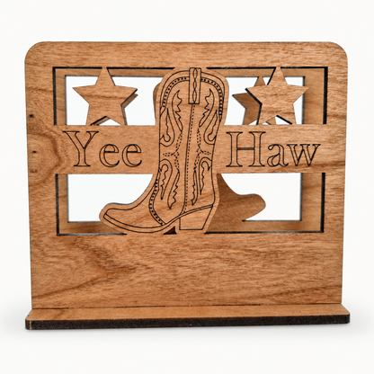 Cowboy Boot 'Yee Haw' Napkin Holder — Laser Cut Cherry Wood Table Accessory