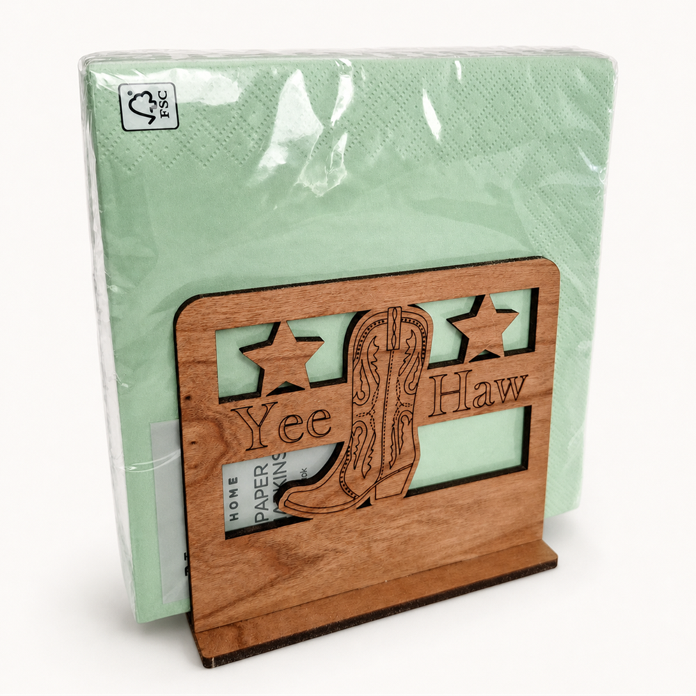 Cowboy Boot 'Yee Haw' Napkin Holder — Laser Cut Cherry Wood Table Accessory