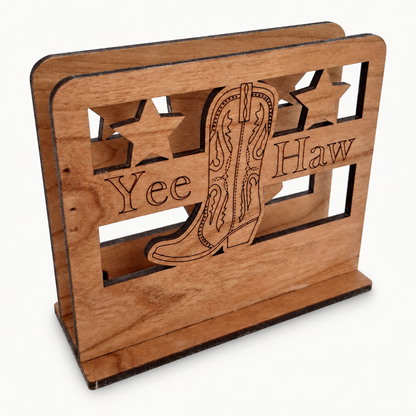 Cowboy Boot 'Yee Haw' Napkin Holder — Laser Cut Cherry Wood Table Accessory