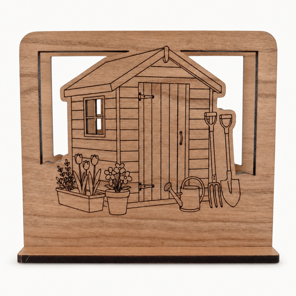 Garden Shed Napkin Holder — Laser Cut Cherry Wood Table Accessory