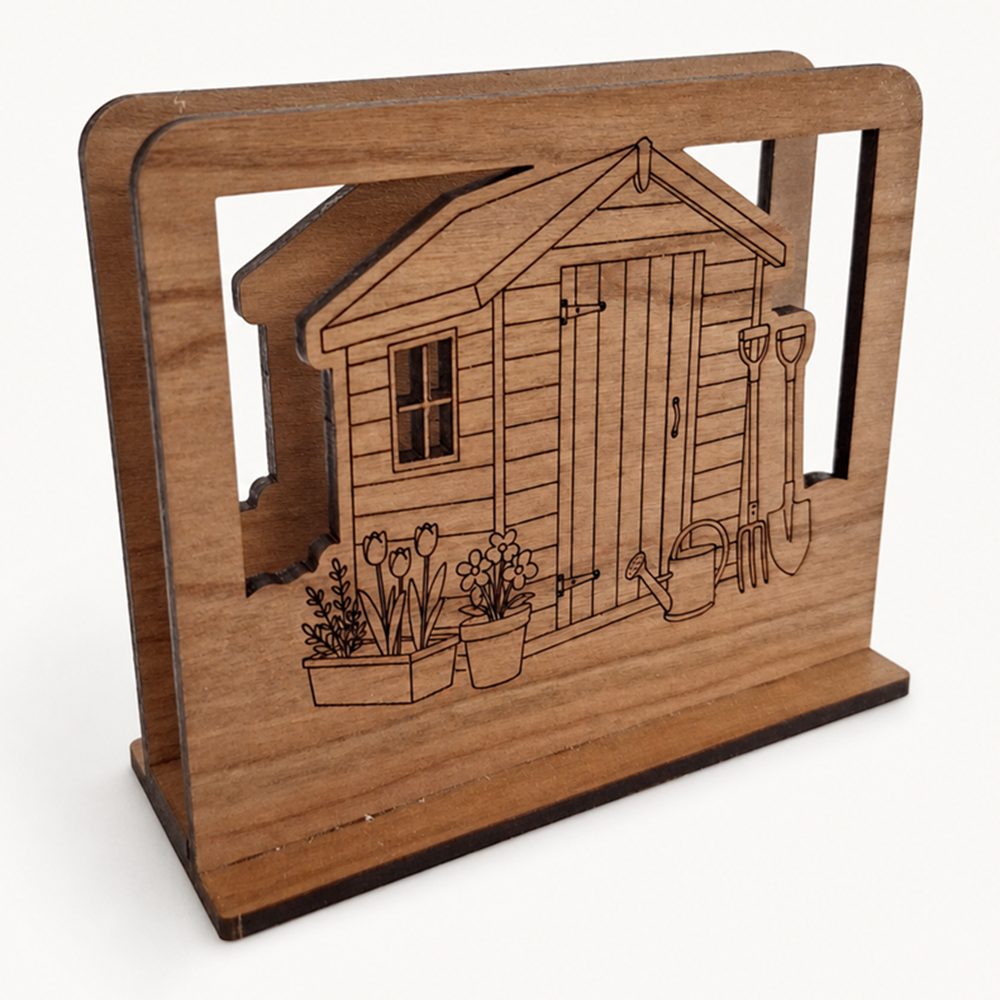 Garden Shed Napkin Holder — Laser Cut Cherry Wood Table Accessory