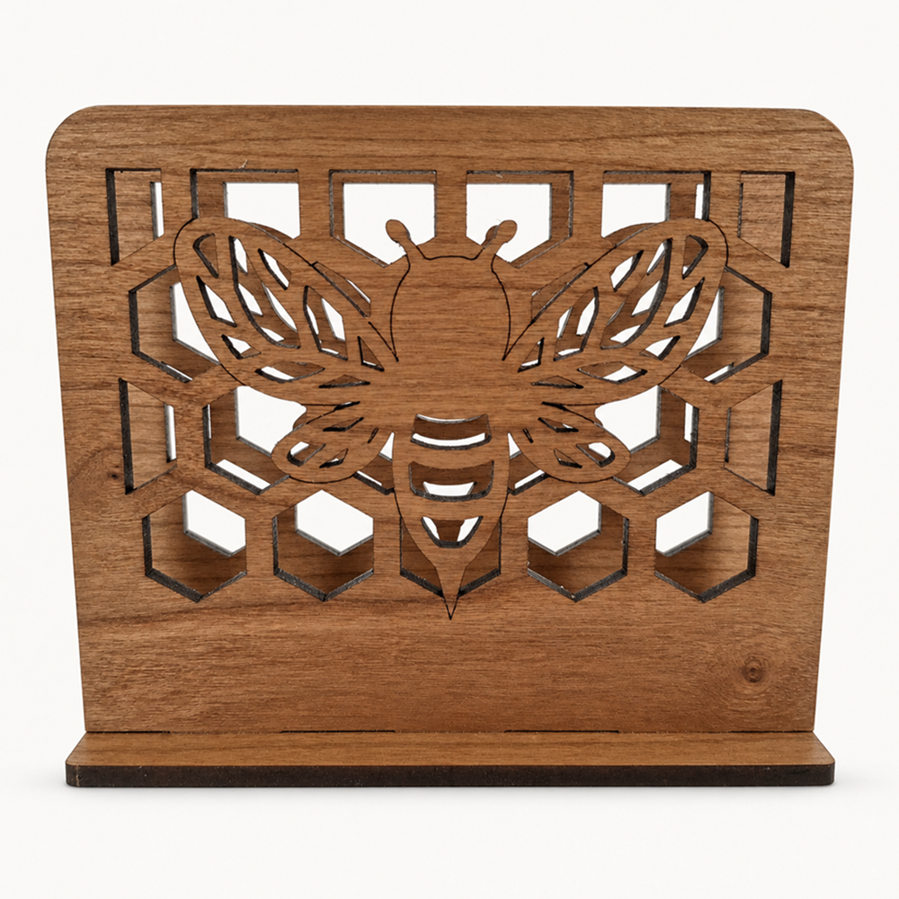 Bee & Honeycomb Napkin Holder — Laser Cut Cherry Wood Table Accessory