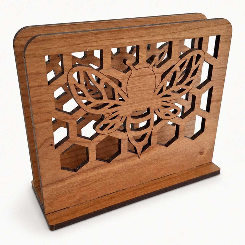 Bee & Honeycomb Napkin Holder — Laser Cut Cherry Wood Table Accessory