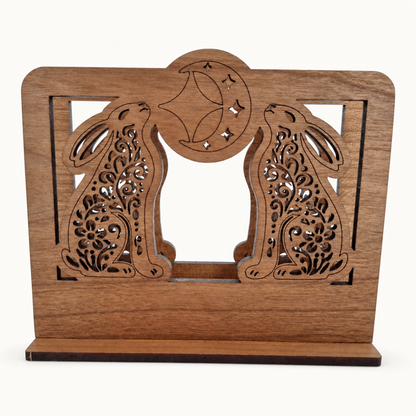 Moon Gazing Hares Napkin Holder — Laser Cut Cherry Wood Table Accessory