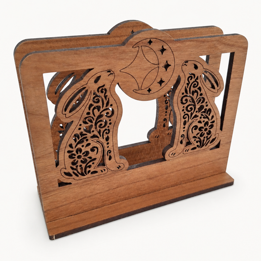 Moon Gazing Hares Napkin Holder — Laser Cut Cherry Wood Table Accessory