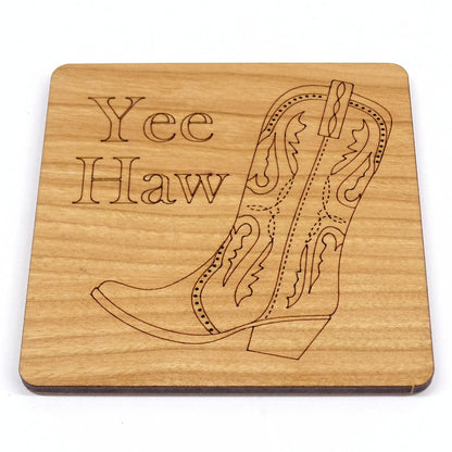 Cowboy Boot With Etched"Yee Haw" text |Cherry Wood Coaster Laser Engraved Western Design