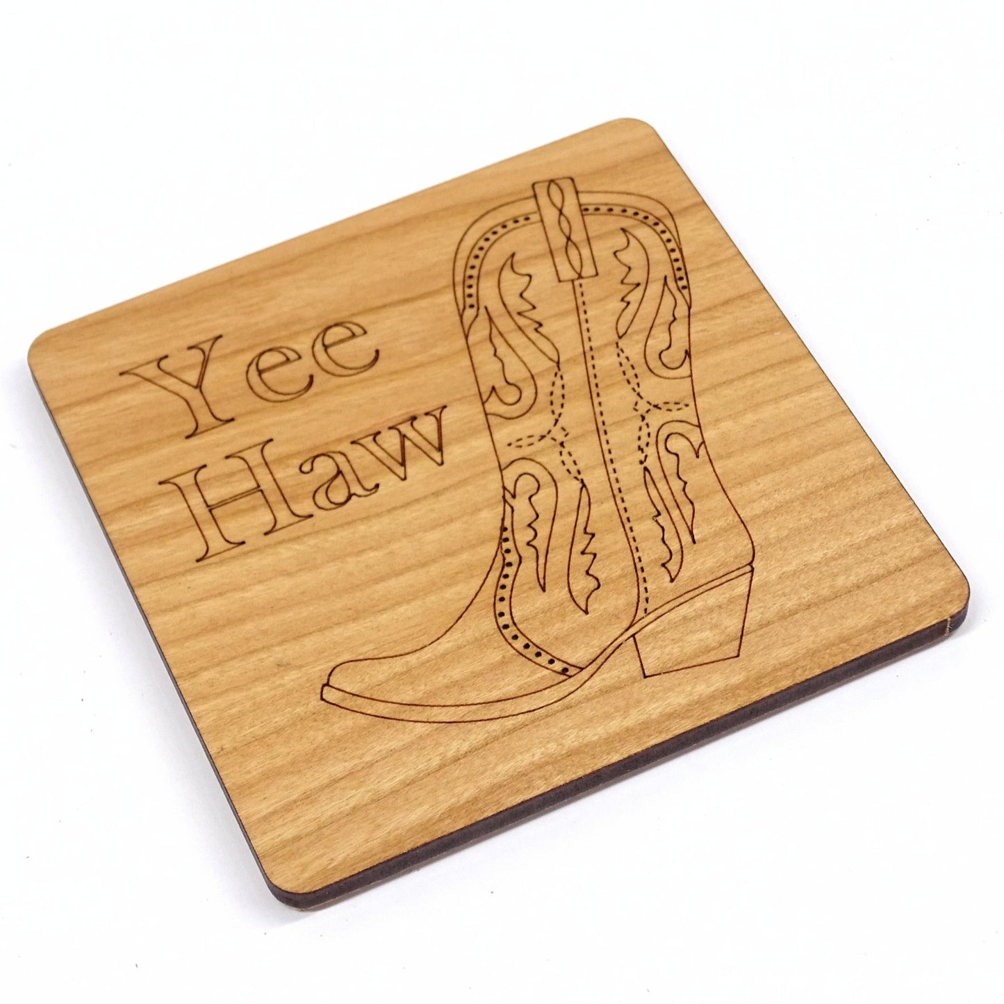 Cowboy Boot With Etched"Yee Haw" text |Cherry Wood Coaster Laser Engraved Western Design