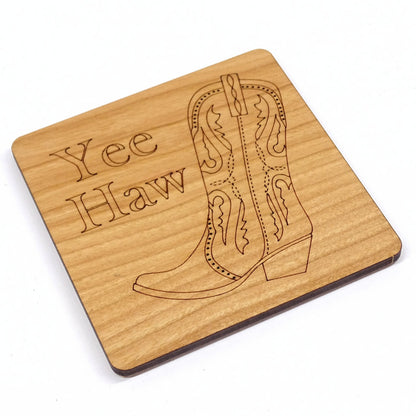 Cowboy Boot With Etched"Yee Haw" text |Cherry Wood Coaster Laser Engraved Western Design