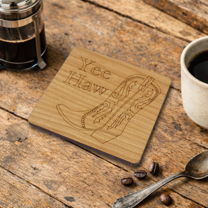Cowboy Boot With Etched"Yee Haw" text |Cherry Wood Coaster Laser Engraved Western Design