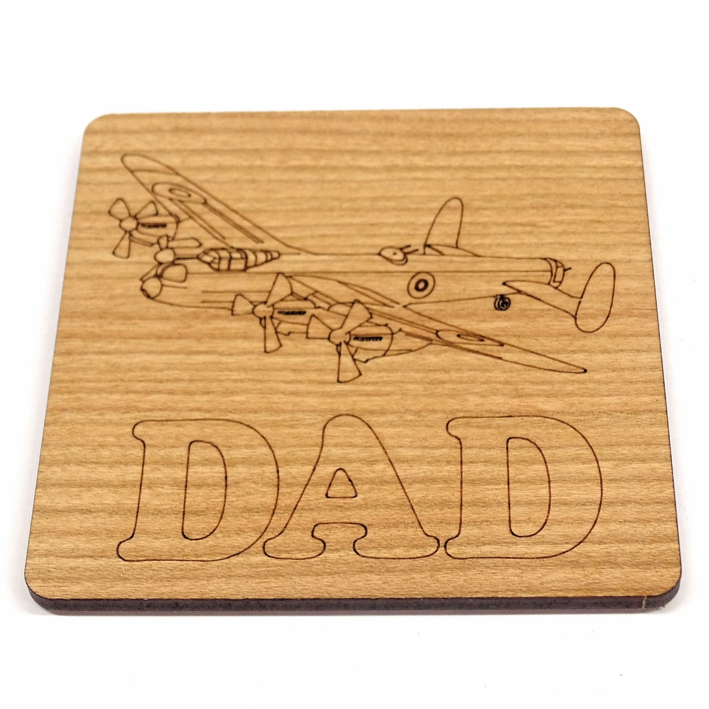 Lancaster Bomber with "DAD" Text Coaster | Wooden Engraved Aviation Gift for Dad