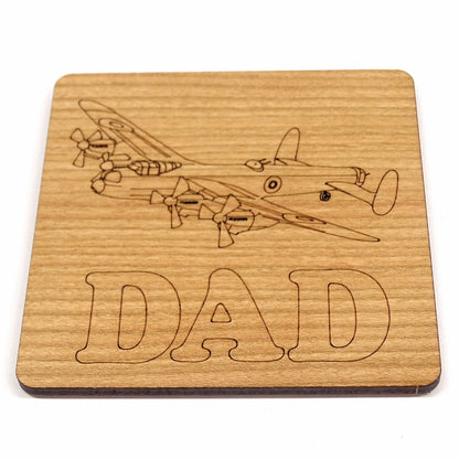Lancaster Bomber with "DAD" Text Coaster | Wooden Engraved Aviation Gift for Dad