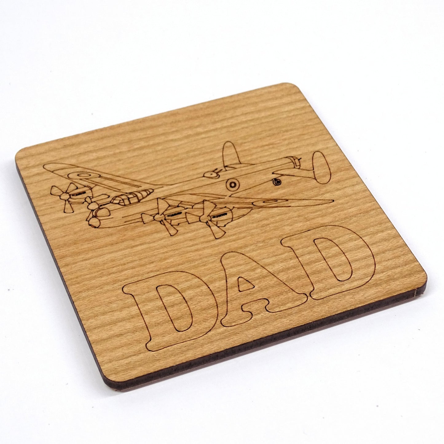 Lancaster Bomber with "DAD" Text Coaster | Wooden Engraved Aviation Gift for Dad