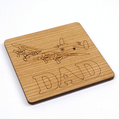 Lancaster Bomber with "DAD" Text Coaster | Wooden Engraved Aviation Gift for Dad