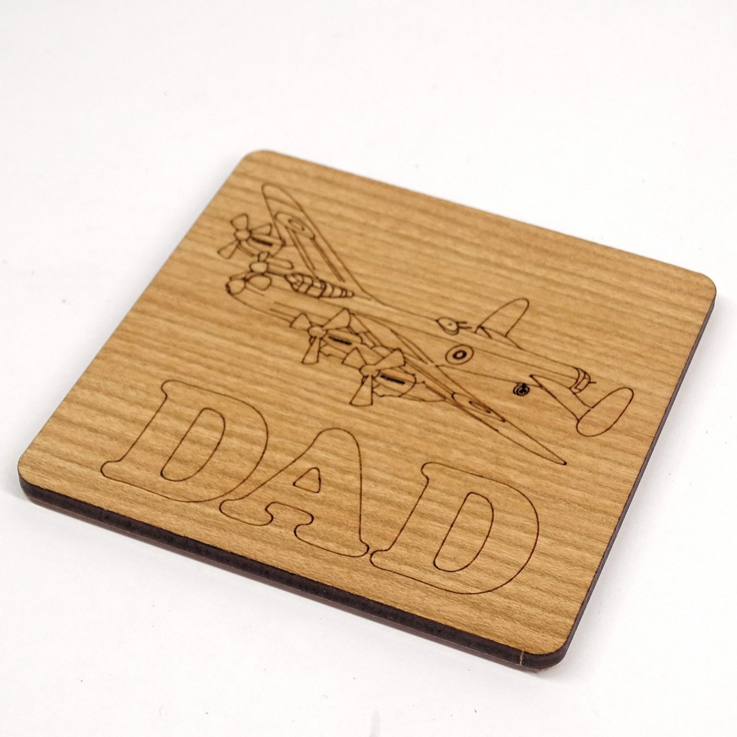 Lancaster Bomber with "DAD" Text Coaster | Wooden Engraved Aviation Gift for Dad