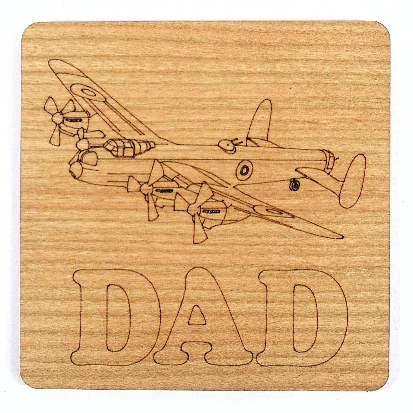 Lancaster Bomber with "DAD" Text Coaster | Wooden Engraved Aviation Gift for Dad