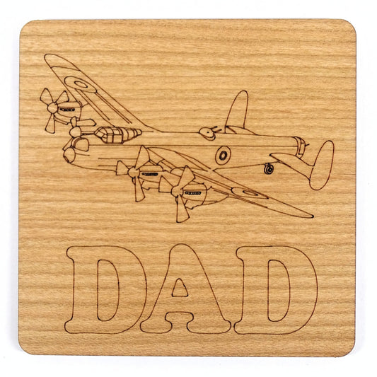 Lancaster Bomber with "DAD" Text Coaster | Wooden Engraved Aviation Gift for Dad