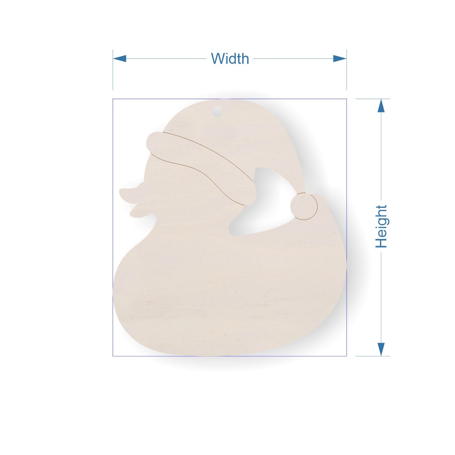 Measurement chart of a duck in a Santa hat with dimensions labelled on a white background.