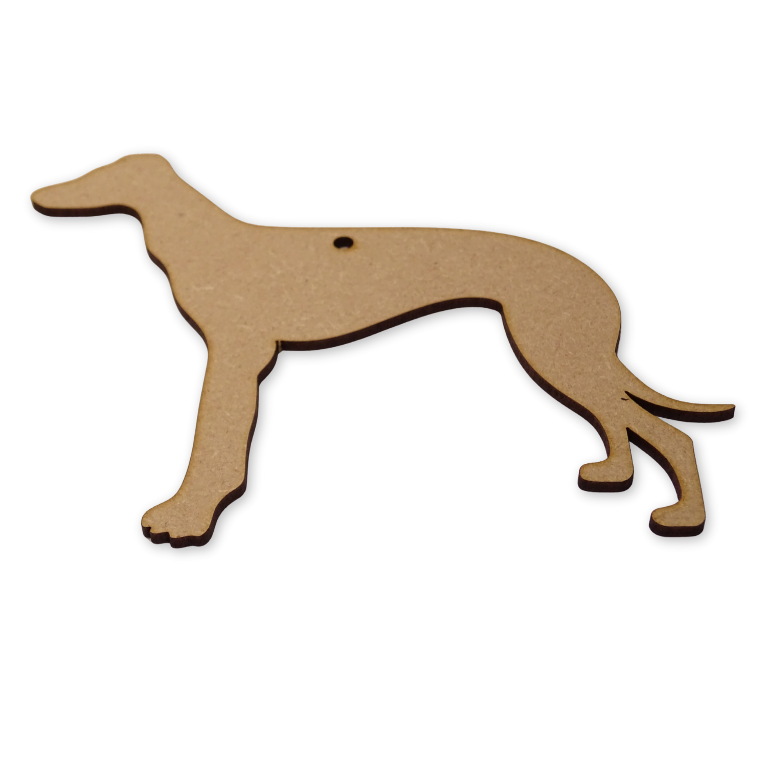image showing the thickness of the mdf greyhound shape and also the hole location on a plain white background