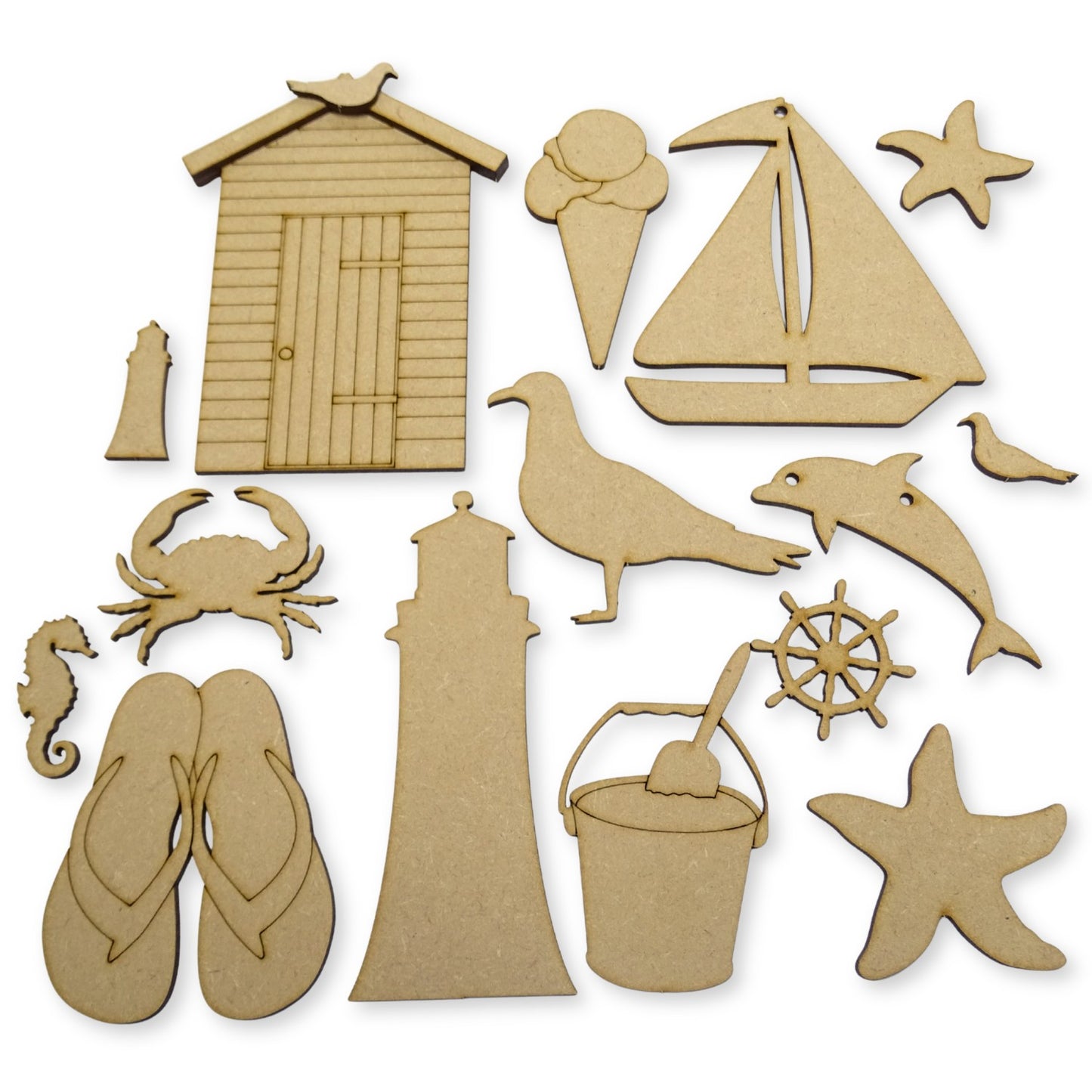 Set of wooden beach-themed mdf shapes including a lighthouse, sailboat, flip-flops, and starfish on a white background.