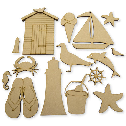 Set of wooden beach-themed mdf shapes including a lighthouse, sailboat, flip-flops, and starfish on a white background.
