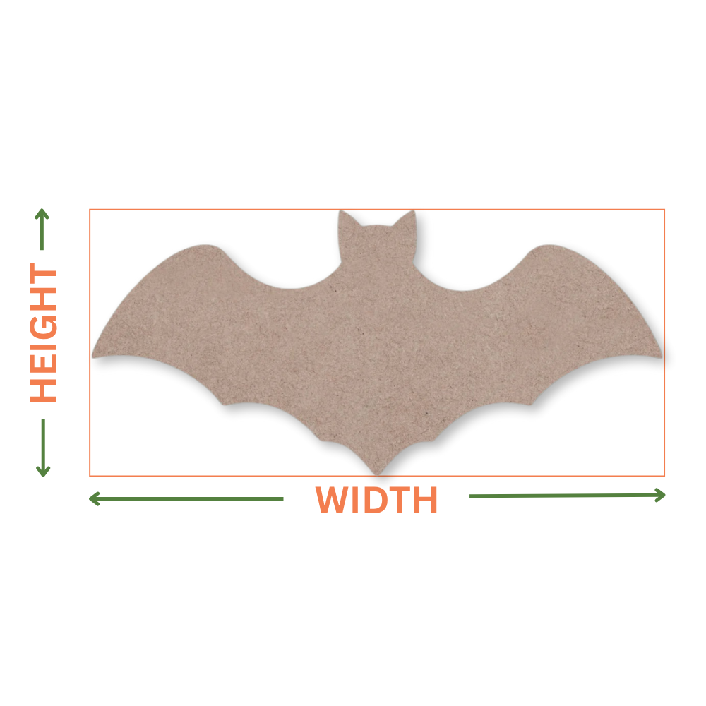 MDF bat shape on a white background with arrows showing where the height and width measurements are taken from