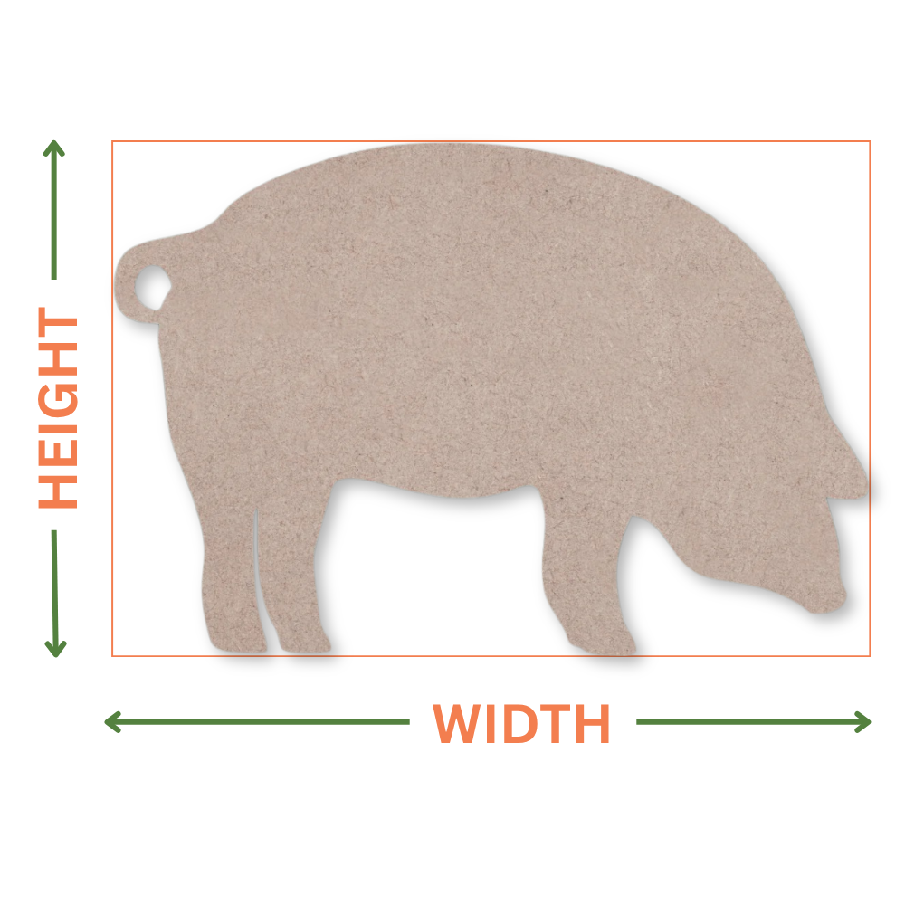 MDF pig shape on a white background with arrows showing where the height and width measurements are taken from