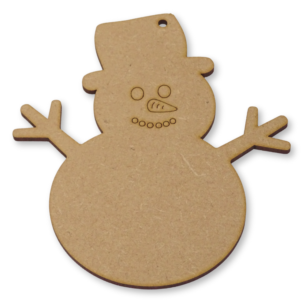 mdf snowman shape cut from 3mm mdf. Showing hole position and the etched face detail.
