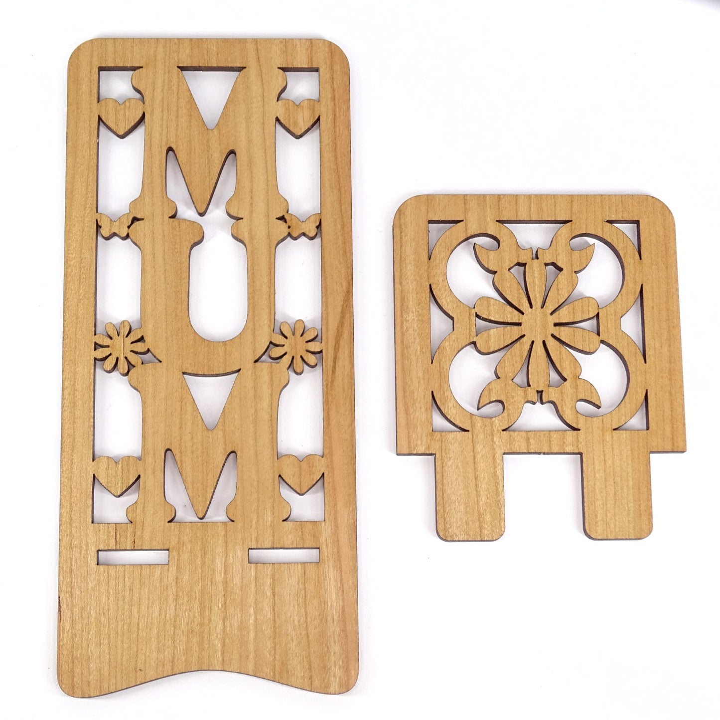 Mum Phone Stand — Laser Cut Wooden Gift with Hearts & Flowers