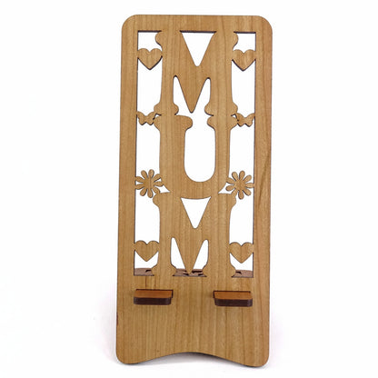 Mum Phone Stand — Laser Cut Wooden Gift with Hearts & Flowers