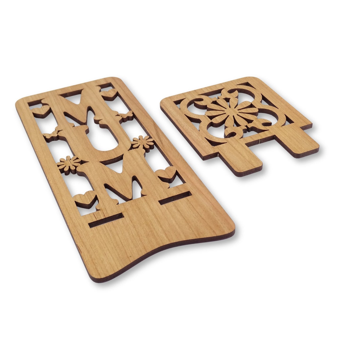 Mum Phone Stand — Laser Cut Wooden Gift with Hearts & Flowers