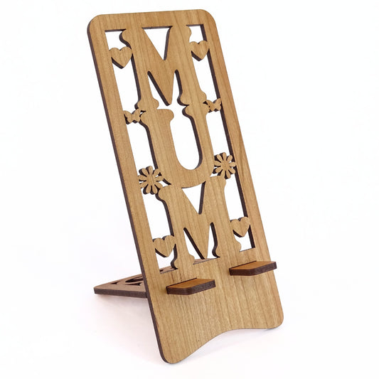 Mum Phone Stand — Laser Cut Wooden Gift with Hearts & Flowers