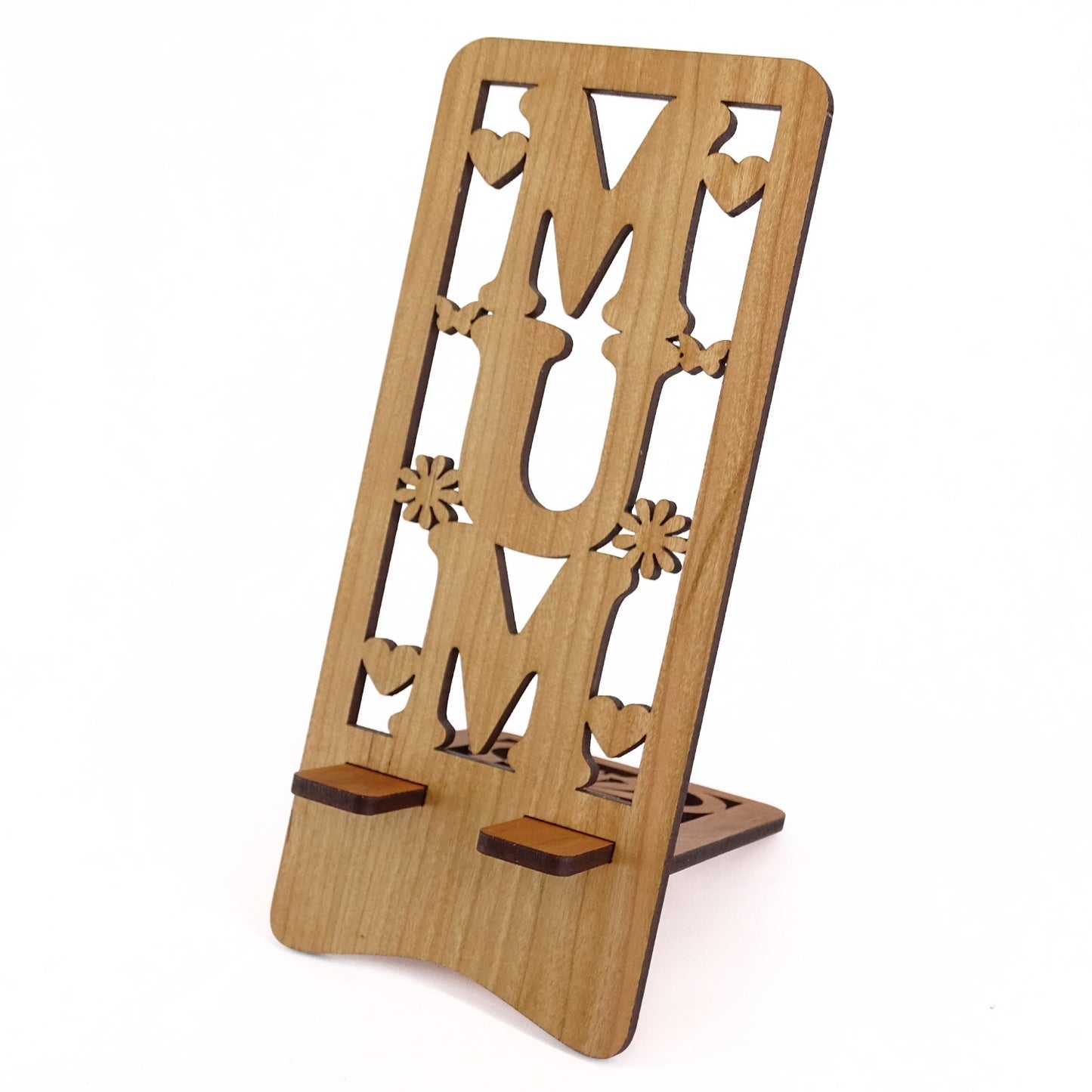 Mum Phone Stand — Laser Cut Wooden Gift with Hearts & Flowers