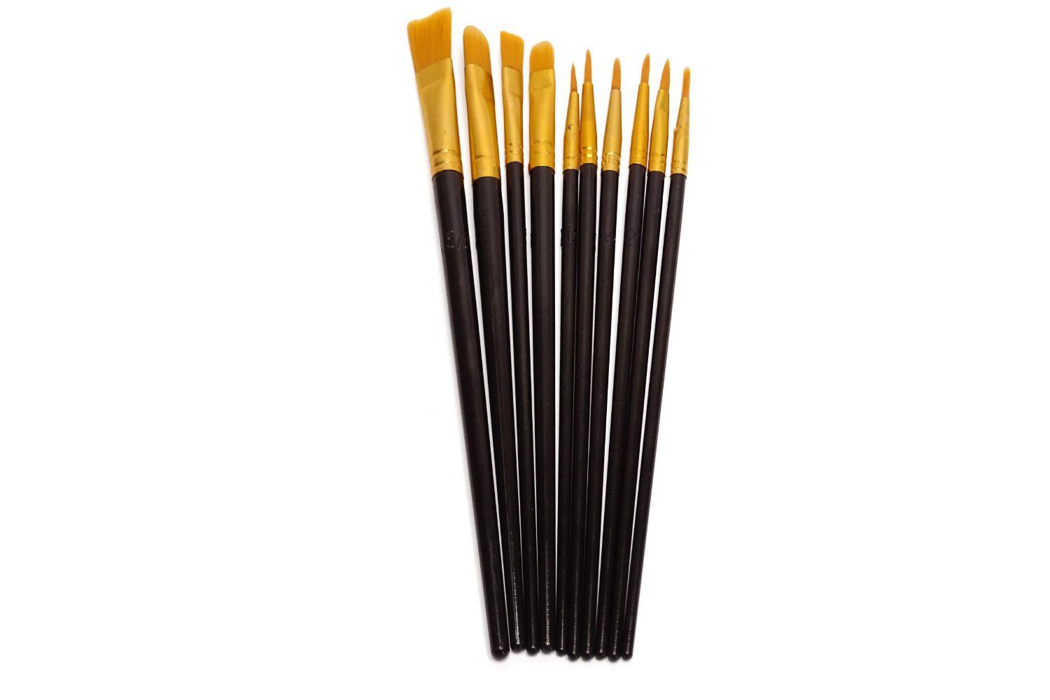 10 different brushes with brass coloured end and black handles on a plain white background