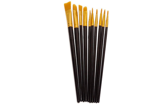 10 different brushes with brass coloured end and black handles on a plain white background