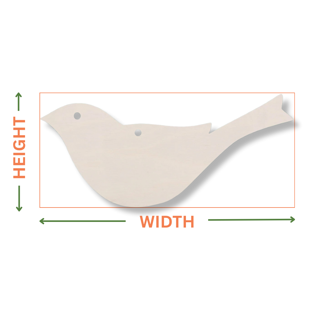 plywood cutout of a bird shape with arrows showing where the dimensions are taken from