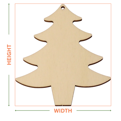 Our wooden Christmas tree shape on a white background showing where the height and width measurements are taken from also the hole position.