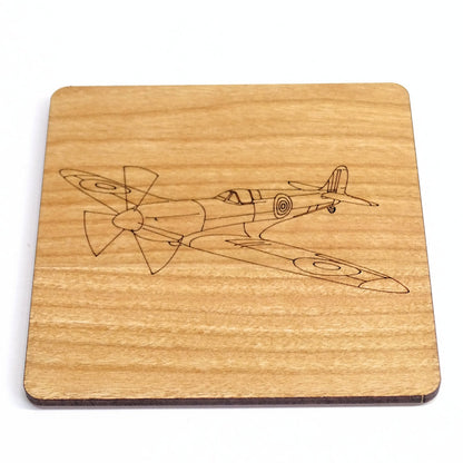 Spitfire Engraved Cherry Wood Coaster |  RAF, WWII Aircraft,  Aviation, Pilot Gift